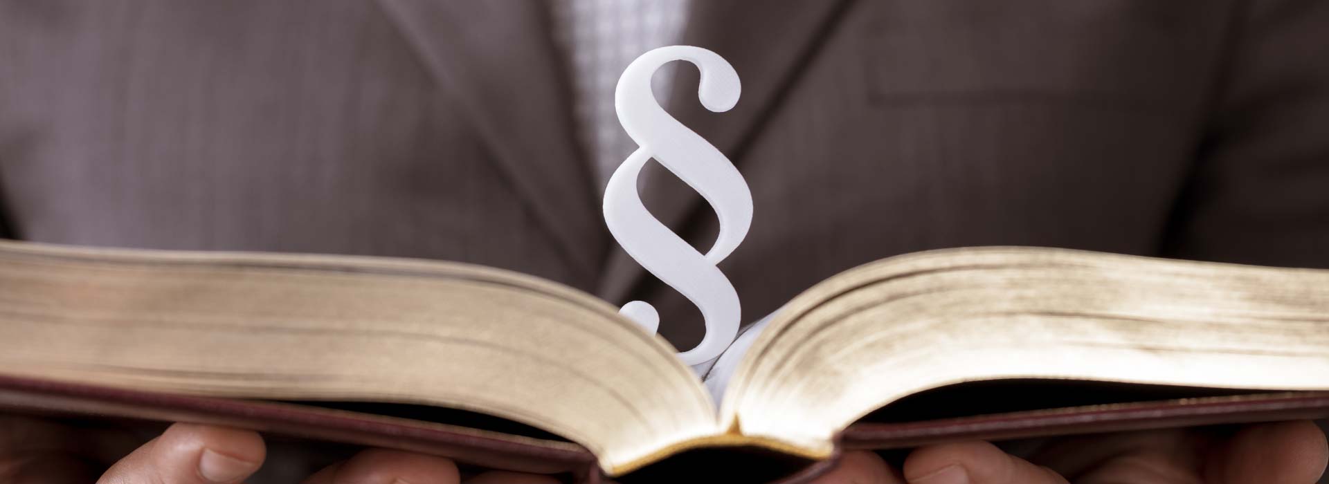 Ein aufgeschlagenes Buch wird von einer Person in einem braunen Anzug gehalten. In der Mitte des Buches steckt ein weißes Paragraphensymbol, das nach oben herausragt.